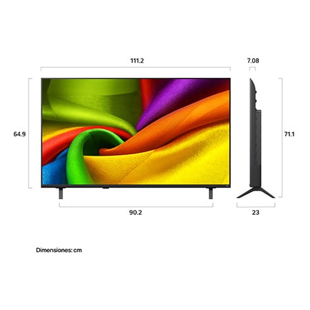 The front view of LG NANO 4K UHD AI NU85, released in 2026, fills the screen with smooth, flowing layers of vividly colored, fabric-like textures, as curved multicolored folds spread across the display.