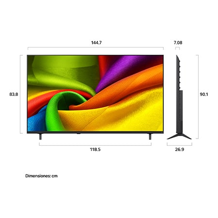 The front view of LG NANO 4K UHD AI NU85, released in 2026, fills the screen with smooth, flowing layers of vividly colored, fabric-like textures, as curved multicolored folds spread across the display.