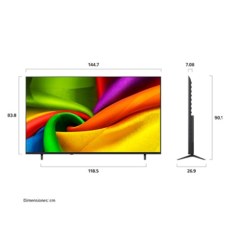 The front view of LG NANO 4K UHD AI NU85, released in 2026, fills the screen with smooth, flowing layers of vividly colored, fabric-like textures, as curved multicolored folds spread across the display.