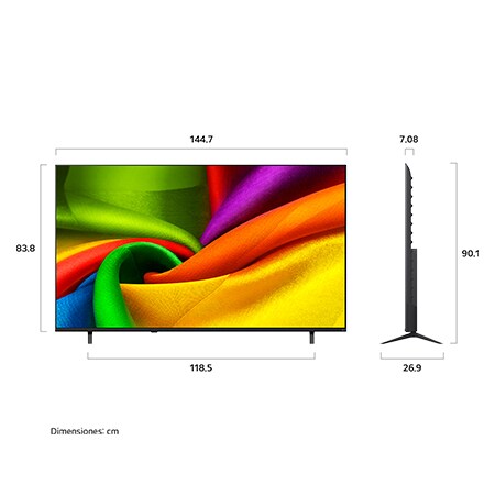 The front view of LG NANO 4K UHD AI NU85, released in 2026, fills the screen with smooth, flowing layers of vividly colored, fabric-like textures, as curved multicolored folds spread across the display.