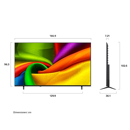 The front view of LG NANO 4K UHD AI NU85, released in 2026, fills the screen with smooth, flowing layers of vividly colored, fabric-like textures, as curved multicolored folds spread across the display.