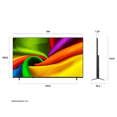 The front view of LG NANO 4K UHD AI NU85, released in 2026, fills the screen with smooth, flowing layers of vividly colored, fabric-like textures, as curved multicolored folds spread across the display.