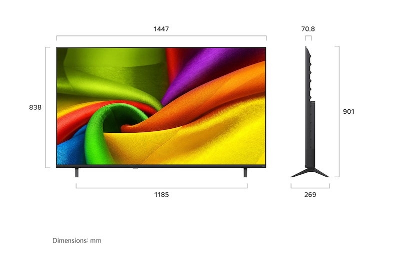LG NANO 4K UHD AI NU85 shown in front and side views highlights a 65-inch display with a 1447 mm-wide screen, 838 mm screen height, 901 mm height with stand, a 70.8 mm profile depth, and a stand footprint measuring 1185 by 269 mm.