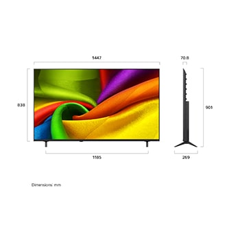 LG NANO 4K UHD AI NU85 shown in front and side views highlights a 65-inch display with a 1447 mm-wide screen, 838 mm screen height, 901 mm height with stand, a 70.8 mm profile depth, and a stand footprint measuring 1185 by 269 mm.