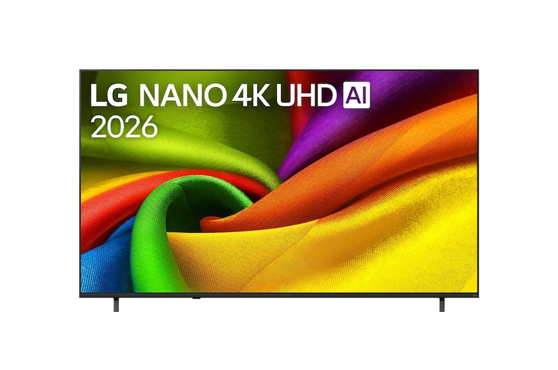 The front view of LG NANO 4K UHD AI NU85, released in 2026, fills the screen with smooth, flowing layers of vividly colored, fabric-like textures, as curved multicolored folds spread across the display.