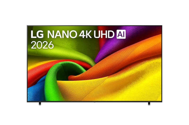 The front view of LG NANO 4K UHD AI NU85, released in 2026, fills the screen with smooth, flowing layers of vividly colored, fabric-like textures, as curved multicolored folds spread across the display.