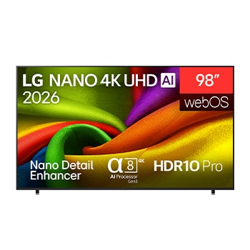 The front view of the LG NANO 4K UHD AI NU85, released in 2026, displays vividly colored, fabric-like textures on screen, featuring Nano Detail Enhancer, an alpha 8 AI Processor 4K Gen3, HDR10 Pro, webOS, and a 98-inch display.