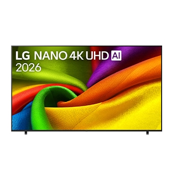 The front view of LG NANO 4K UHD AI NU85, released in 2026, fills the screen with smooth, flowing layers of vividly colored, fabric-like textures, as curved multicolored folds spread across the display.
