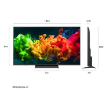 LG QNED evo AI QNED85 Mini LED shown in front and side views highlights a 100-inch display with a 2230 mm-wide screen, 1277 mm screen height, 1374/1338 mm height with stand, a 49.9 mm profile depth, and a stand footprint measuring 1725 by 415 mm.