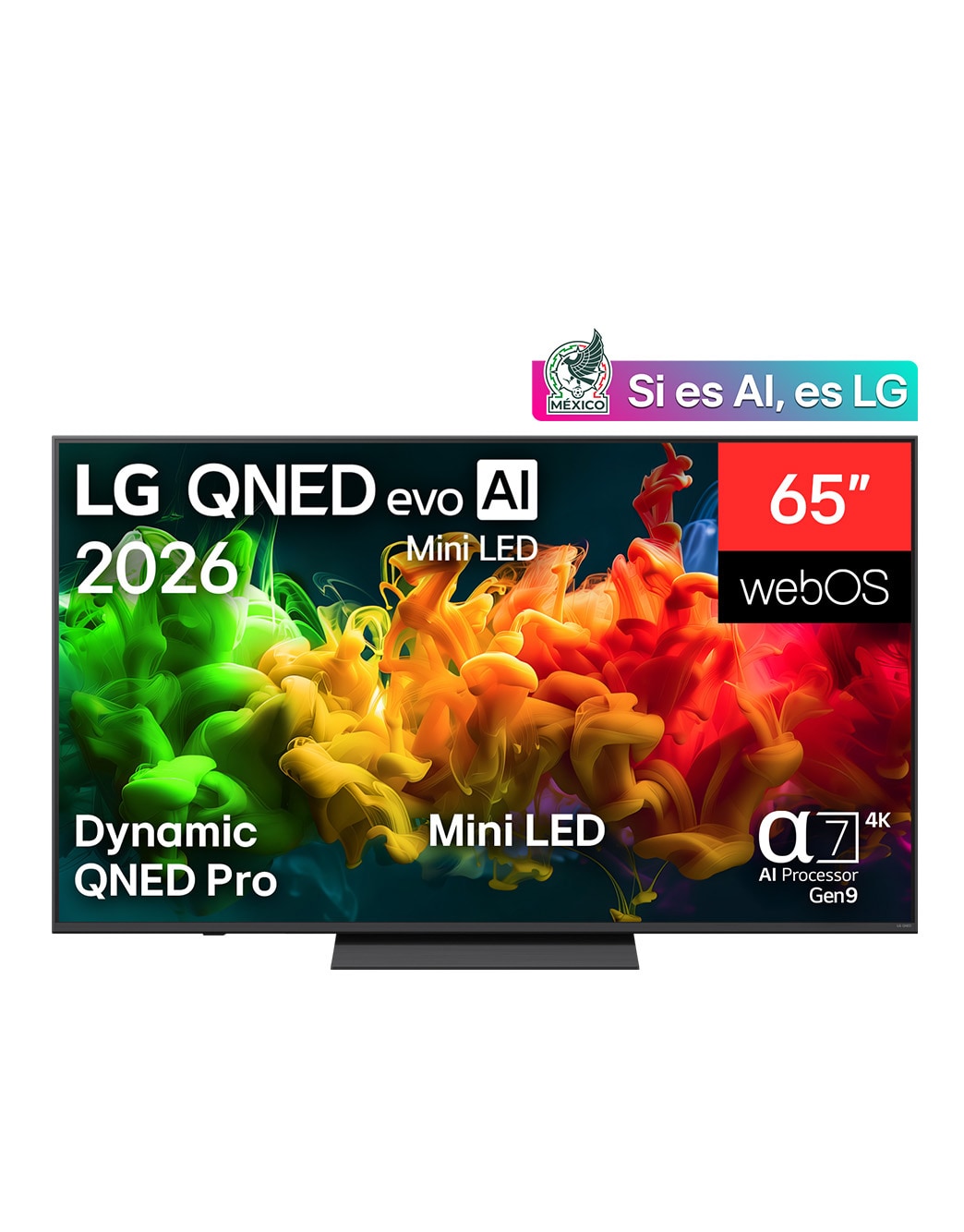The front view of the LG QNED evo AI QNED85 Mini LED, released in 2026, displays vivid, fluid bursts of dense clouds of color on screen, featuring Dynamic QNED Color Pro, Mini LED, an α8 AI Processor 4K Gen3, webOS, and a 100-inch display.