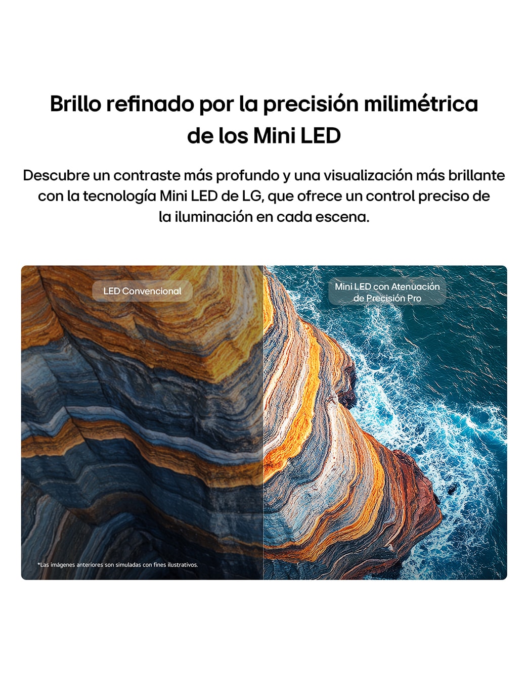 LG QNED evo AI QNED85 Mini LED highlights Mini LED with Precision Dimming Pro through a split aurora-lit glacier mountain scene, comparing conventional LED with deeper blacks and refined contrast to achieve greater precision and clarity.