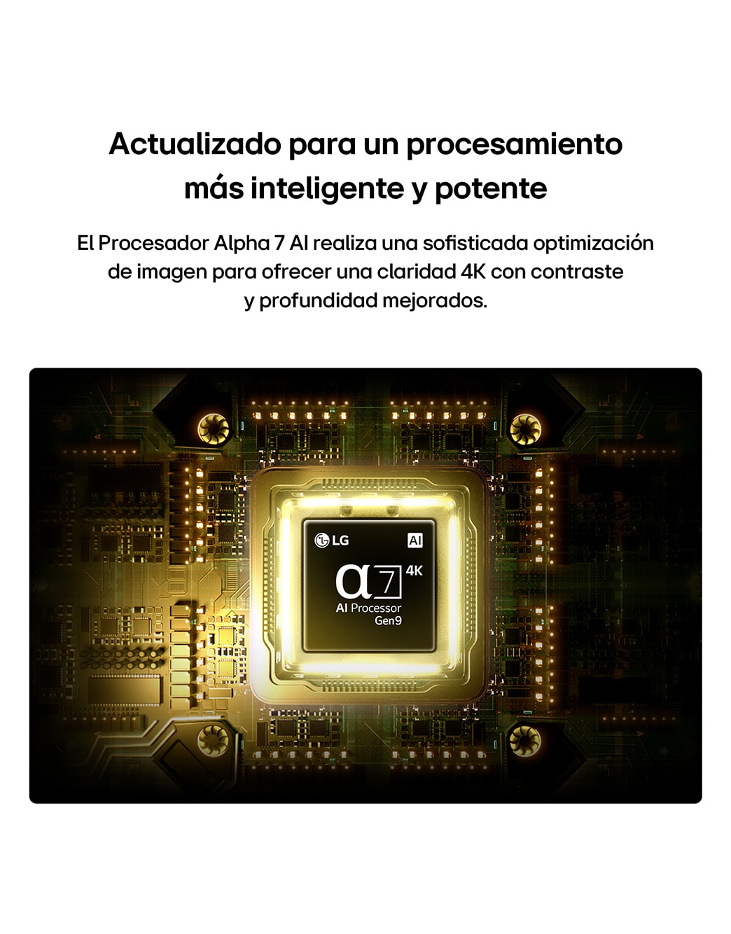 LG QNED evo AI QNED85 Mini LED’s alpha 8 AI Processor 4K Gen3 glows in blue light on a circuit board, highlighting AI processing performance with NPU x5.0 Faster Neural Processing, GPU 10% More Powerful Graphics, and 20% Memory Enhanced Throughput.