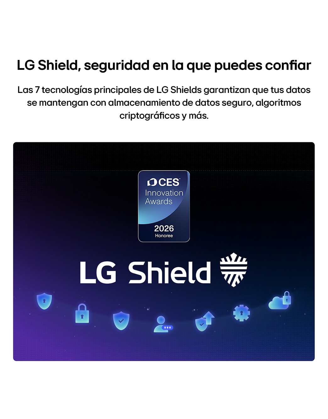 LG Shield, applied to LG QNED evo AI QNED85 Mini LED, is shown with an LG Shield logo at the center, security icons below, and a 2026 CES Innovation Awards Honoree badge above, representing data and system protection.