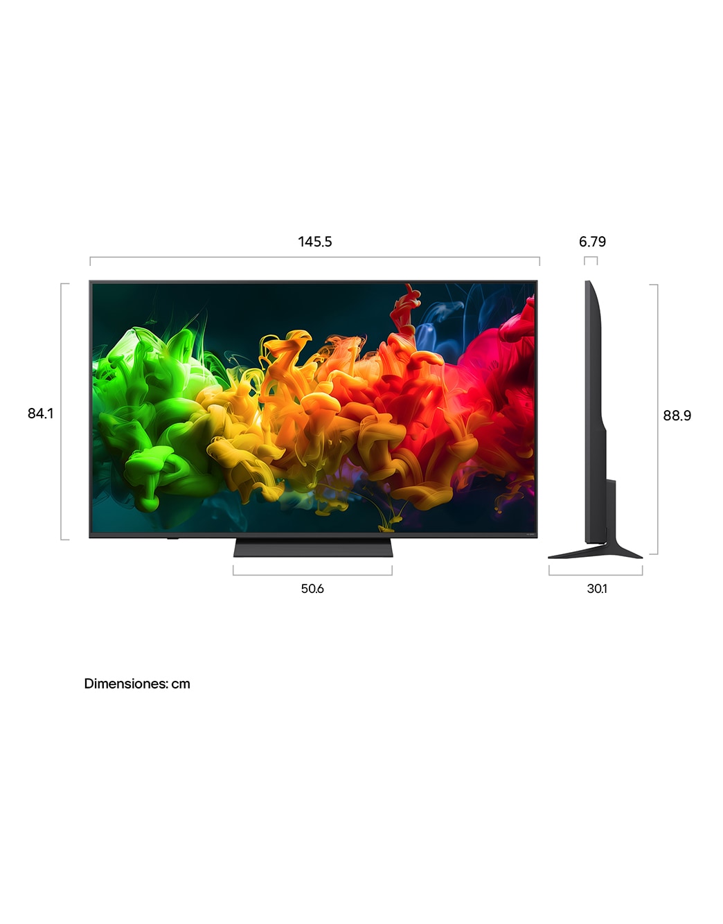 LG QNED evo AI QNED85 Mini LED shown in front and side views highlights a 100-inch display with a 2230 mm-wide screen, 1277 mm screen height, 1374/1338 mm height with stand, a 49.9 mm profile depth, and a stand footprint measuring 1725 by 415 mm.