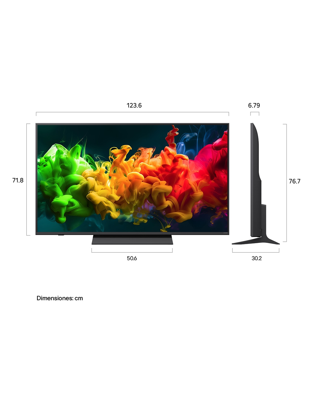 LG QNED evo AI QNED85 Mini LED shown in front and side views highlights a 100-inch display with a 2230 mm-wide screen, 1277 mm screen height, 1374/1338 mm height with stand, a 49.9 mm profile depth, and a stand footprint measuring 1725 by 415 mm.