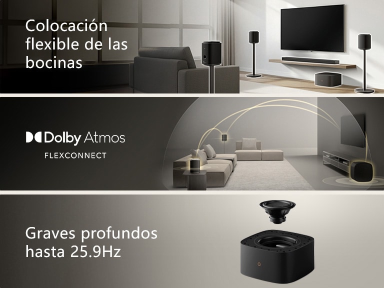 "1) El LG Sound Suite instalado en una sala de estar, lo que demuestra la flexibilidad en la colocación de las bocinas para crear un sistema de sonido doméstico envolvente 2) El LG Sound Suite, con la tecnología Dolby Atmos FlexConnect, detecta la ubicación de cada bocina para optimizar los sistemas de sonido envolvente 3) Primer plano del woofer del LG Sound Suite W7, con su transductor, que ofrece graves profundos de hasta 29.5Hz"
