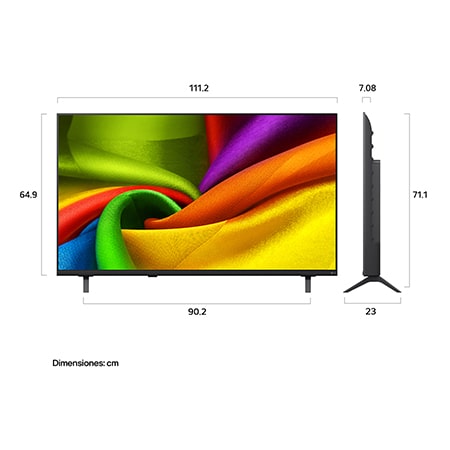 LG NANO 4K UHD AI NU85 shown in front and side views highlights a 50-inch display with a 1112 mm-wide screen, 649 mm screen height, 711 mm height with stand, a 70.8 mm profile depth, and a stand footprint measuring 902 by 230 mm.