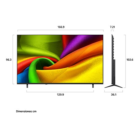 LG NANO 4K UHD AI NU85 shown in front and side views highlights a 75-inch display with a 1669 mm-wide screen, 963 mm screen height, 1026 mm height with stand, a 72.1 mm profile depth, and a stand footprint measuring 1299 by 361 mm.