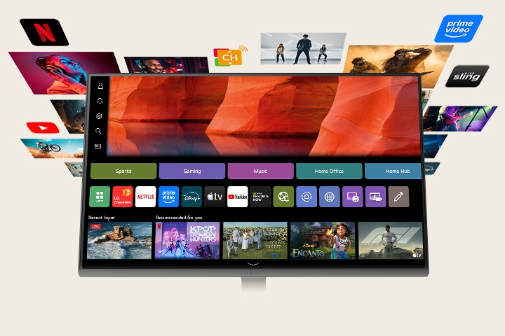 LG Smart Monitor showing the webOS home screen with streaming apps and content tiles, surrounded by floating entertainment visuals like movies, sports, and shows, highlighting all in one smart streaming, content discovery, and home entertainment experience