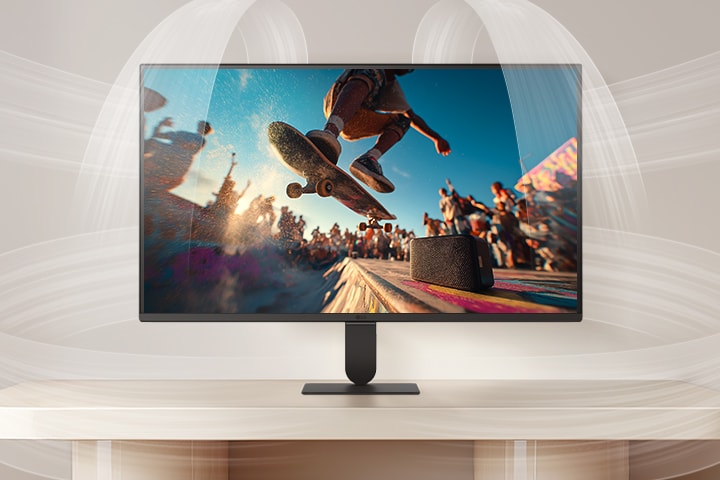 LG Smart Monitor demonstrating AI Sound Pro with a cinematic concert scene on screen, highlighting immersive audio optimization, clear dialogue, and balanced sound performance for an enhanced home entertainment experience