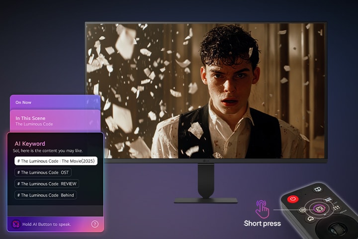 LG Smart Monitor displaying AI Concierge interface with Generative AI recommendations and AI keyword suggestions, controlled by Magic Remote, highlighting contextual search, voice interaction, and personalized content discovery on the smart monitor