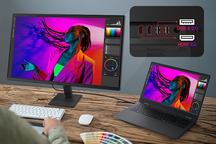 LG Smart Monitor connected to a laptop via USB C with 65W charging, showing photo editing workspace, multiple ports including USB C, USB, and HDMI, highlighting single cable connectivity, device charging, and productivity focused workstation setup