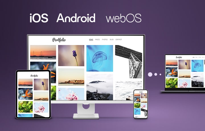 LG 智能顯示器使用 LG Link 進行 iOS、Android 和 webOS 無線裝置同步,展示顯示器、平板電腦、智能手機和手提電腦之間的無縫影像和檔案傳輸,並突顯跨裝置連接和多屏幕工作流程。