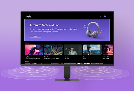 The LG Smart Monitor screen displays the music apps interface.