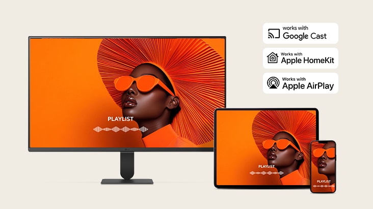 The same screen is being shared across a LG Smart Monitor, laptop, tablet, and smartphone using AirPlay 2 and Screen Share.
