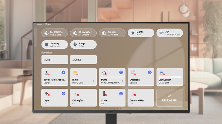 LG Smart Monitor displaying ThinQ Home Hub interface to control multiple smart home devices, showing unified dashboard for lighting, appliances, and connected devices, highlighting smart home monitoring and centralized control on webOS