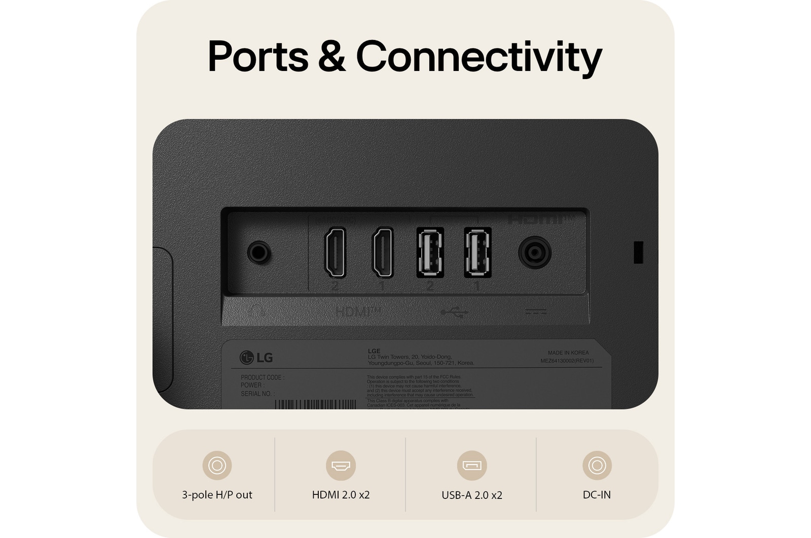 Rear ports of LG Smart Monitor 27U511SB showing HDMI 2.0, USB-A 2.0, headphone out, and DC-IN connectivity options.