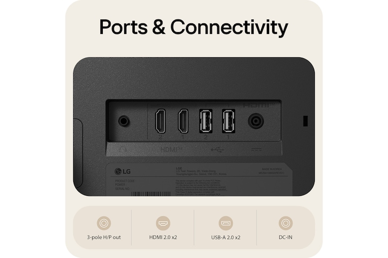 Rear ports of LG Smart Monitor 27U511SB showing HDMI 2.0, USB-A 2.0, headphone out, and DC-IN connectivity options.