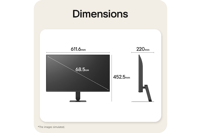 LG Smart Monitor 27U511SB dimensions illustrating overall product size and stand measurements.