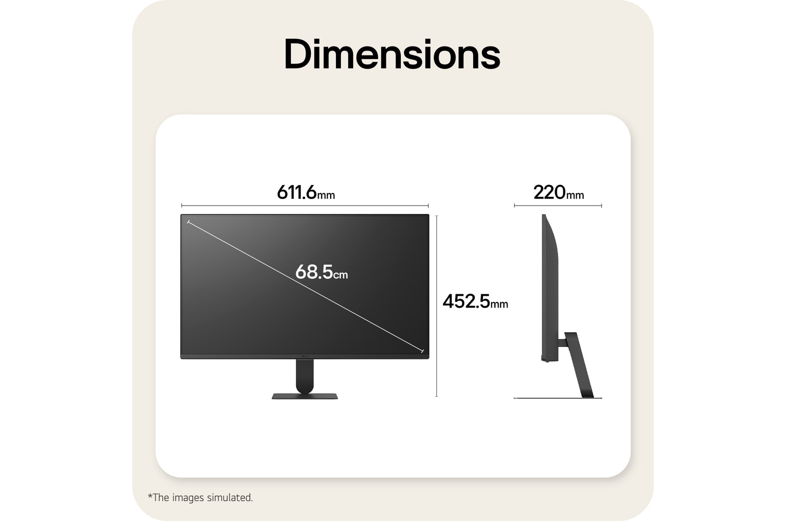 LG Smart Monitor 27U511SB dimensions illustrating overall product size and stand measurements.
