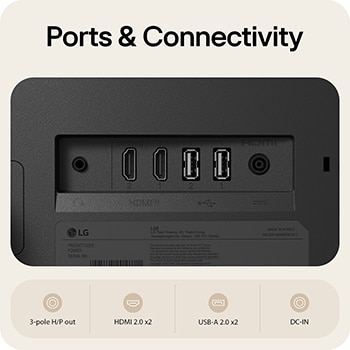 Rear ports of LG Smart Monitor 27U511SB showing HDMI 2.0, USB-A 2.0, headphone out, and DC-IN connectivity options.