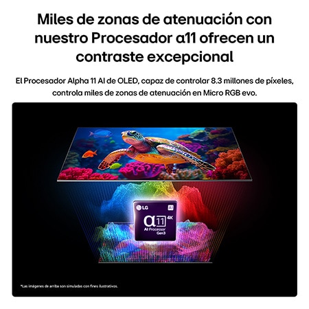 LG Micro RGB evo AI MRGB95 with Micro Dimming Ultra displays a vibrant marine life scene with precise color separation across over 8.3 million pixels, enhanced by thousands of dimming zones driven by alpha 11 AI Processor 4K Gen3.