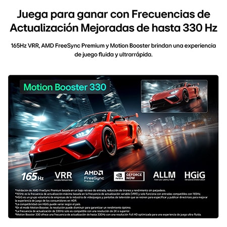 LG Micro RGB evo AI MRGB95 with Ultimate Gameplay shows a vibrant, high-speed racing scene with a blurred comparison inset highlighting Motion Booster 330, while supporting 165 Hz, VRR, AMD FreeSync, ALLM, HGiG, and GeForce NOW.