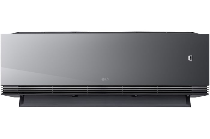Front view of an LG air conditioner with the lower vane open