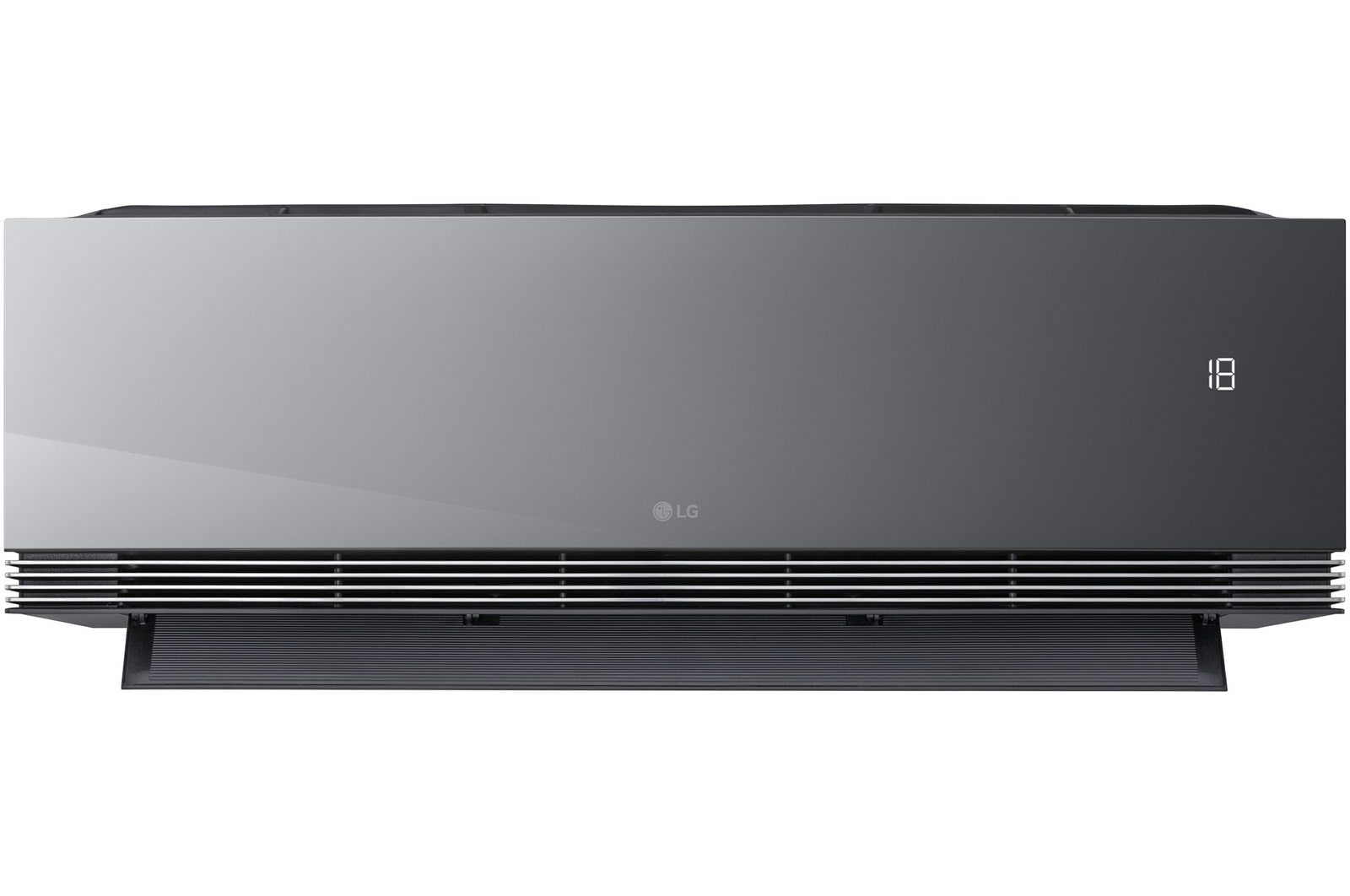 Front view of an LG air conditioner with the lower vane open