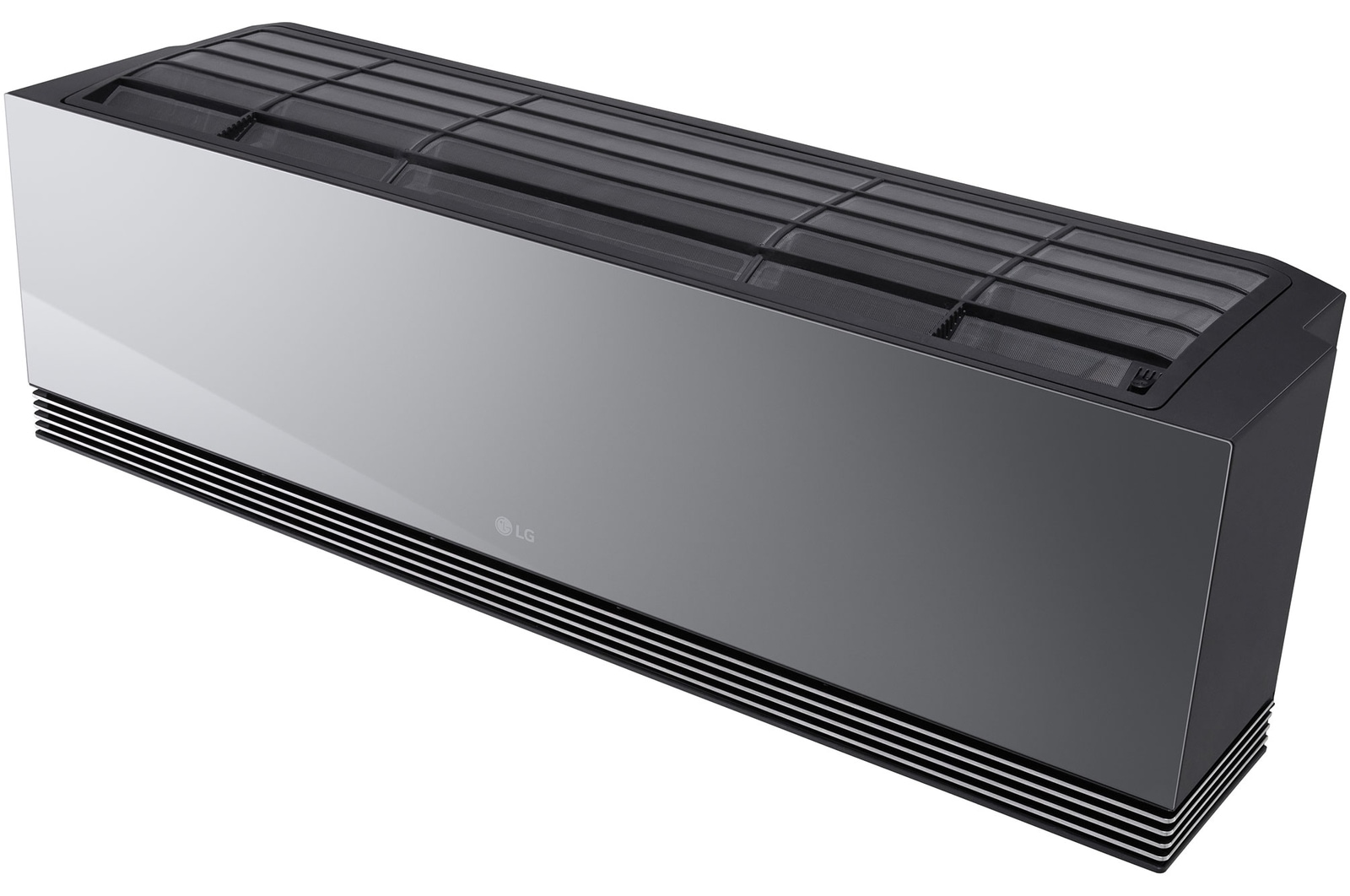 Angled top-front view of LG ai air conditioner with its top panel and grille visible