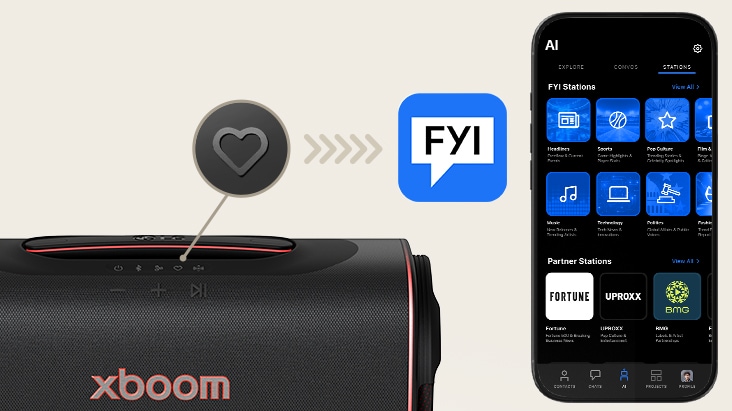 Cuadrícula de avatares AI que muestra diversos DJs para emisoras personalizadas en la experiencia de la aplicación LG xboom.
