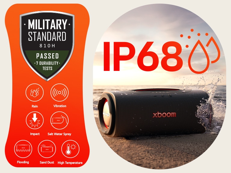 1) Bocinas Bluetooth LG xboom Blast para exteriores con certificación militar. 2) Bocinas Bluetooth LG xboom Blast para exteriores en la playa con certificación IP68 de resistencia al agua y al polvo.