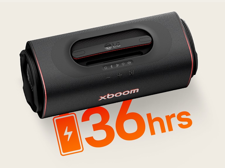 La bocina portátil LG xboom con batería de larga duración y hasta 36 horas de reproducción.