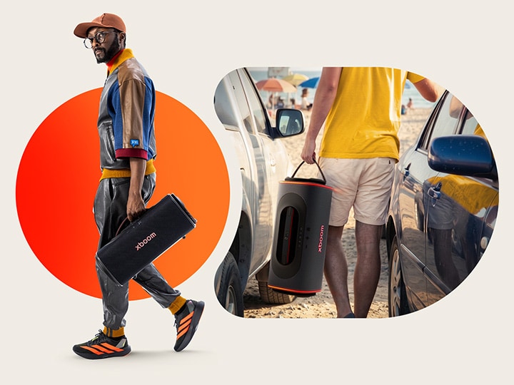 "1)Bocina portátil LG xboom Blast con opción de transporte horizontal para su uso en exteriores 2) Bocina portátil LG xboom Blast con opción de transporte vertical para su uso en exteriores"