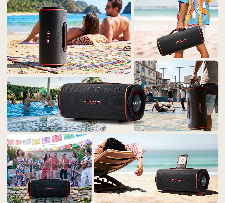 1) Bocina portátil LG xboom Blast sobre una manta de playa 2) Lleva la bocina portátil LG xboom Blast por la playa, diseñado para dondequiera que vayas 3) Bocina Bluetooth resistente al agua LG xboom Blast junto a una piscina 4) Transporte vertical de la bocina portátil LG xboom Blast, diseñado para ir donde quiera que vaya 5) Escena de fiesta en la playa con la bocina Bluetooth para exteriores LG xboom Blast 6) Relájate en una tumbona en la playa con la bocina portátil y el teléfono inteligente LG xboom Blast"
