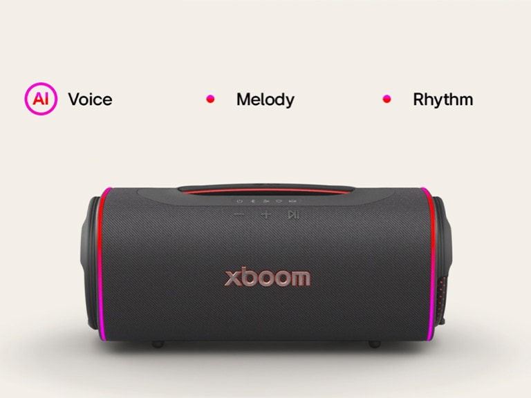 LG xboom Blast con efectos de iluminación de doble anillo sincronizados por AI que se acompasan con la música.