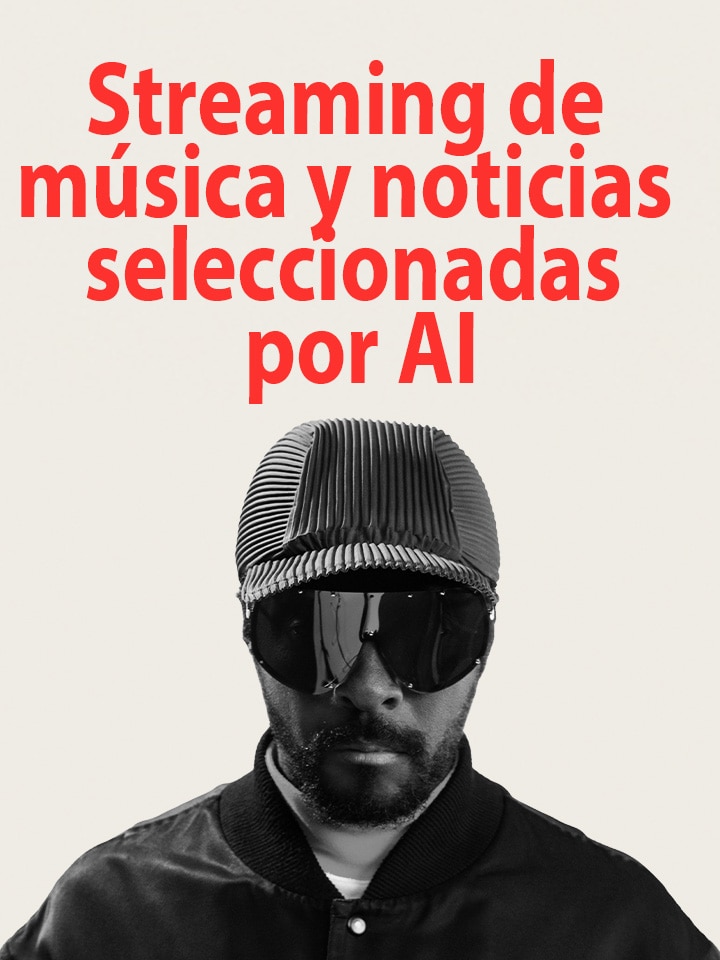 Imagen destacada de un servicio de streaming de música y noticias con curaduría mediante AI y la presencia de will.i.am, que resalta las emisoras personalizadas impulsadas por AI generativa.