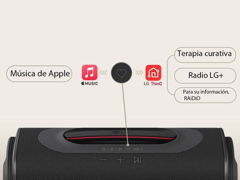LG xboom Blast Mi botón muestra la reproducción de contenido preestablecido con LG ThinQ, Apple Music, FYI RAiDiO, Healing Therapy y LG Radio+