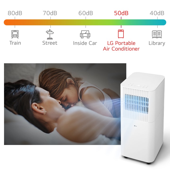 Aire acondicionado portátil LG junto a una familia que duerme, con un gráfico de niveles de ruido que destaca su funcionamiento silencioso de 50 dB.