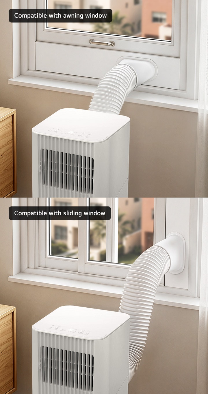 Manguera de aire acondicionado portátil LG instalada en dos tipos de ventanas: una ventana proyectante y una ventana corredera.